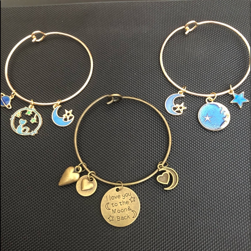 Three NEW Bangle Bracelets Cat Hearts Universe
